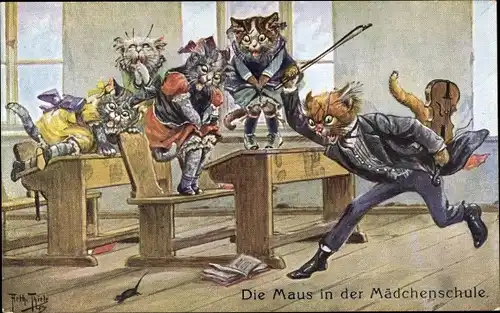 Künstler Ak Thiele, Arthur, Vermenschlichte Katzen, Die Maus in der Mädchenschule