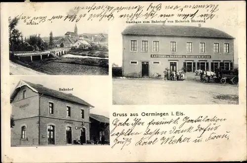 Ak Oermingen Örmingen Elsass Bas-Rhin, Bahnhof, Gasthaus, Brücke