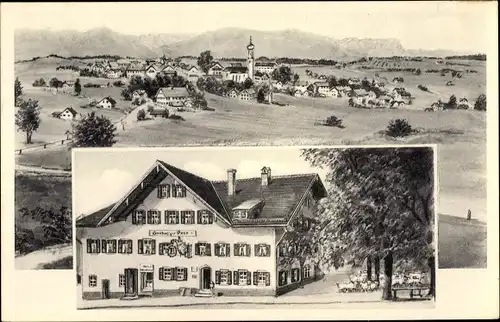 Künstler Ak Königsdorf in Oberbayerrn, Panorama, Gasthof zur Post