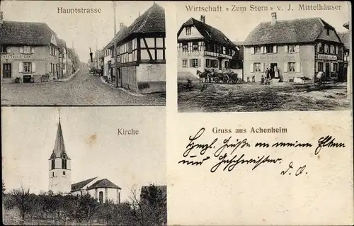 Ak Achenheim Elsass Haut Rhin, Hauptstraße, Kirche, Wirtschaft Zum Stern
