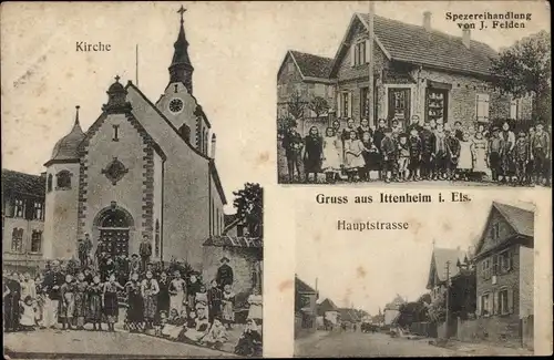 Ak Ittenheim Elsass Bas-Rhin, Kirche, Hauptstraße, Spezereihandlung