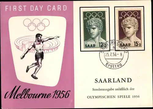 Ak Olympia, Saarland, Melbourne 1956, First Day Card, Sonderausgabe