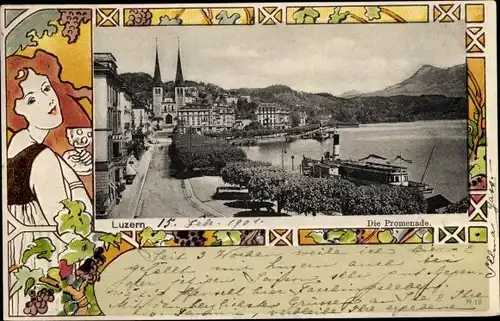 Jugendstil Passepartout Ak Luzern Stadt Schweiz, Promenade, Dampfer, Rothaarige Frau mit Weinglas