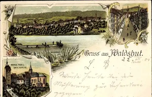 Litho Waldshut Tiengen am Hochrhein, Oberes Tor und katholische Kirche, Blick auf den Ort