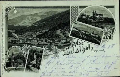 Mondschein Litho Selzthal Steiermark, Frauenberg, Schloss, Blick auf den Ort, Kirche, Klamm