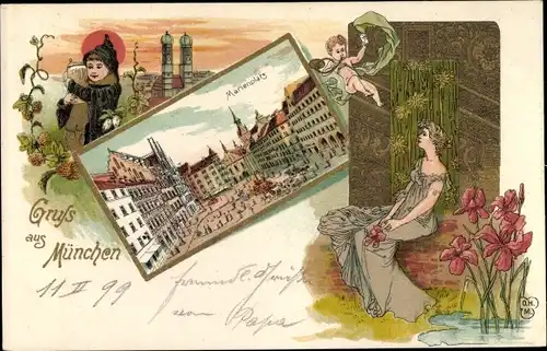 Jugendstil Litho München Bayern, Partie am Marienplatz, Kindl, Frauenkirche