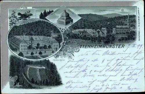 Mondschein Litho Ettenheimmünster Ettenheim in Baden, Heidenkeller, Brunnen, Totalansicht