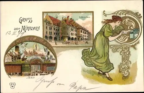 Jugendstil Litho München Bayern, Hofbräuhaus, Innenansicht, Frau am Briefkasten