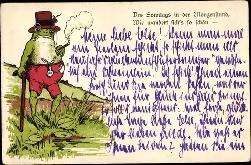 Litho Vermenschlichter rauchender Frosch mit Gehstock