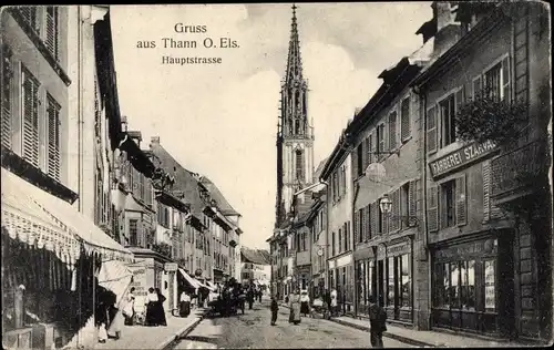 Ak Thann Elsass Haut Rhin, Hauptstraße, Färberei, Kirchturm