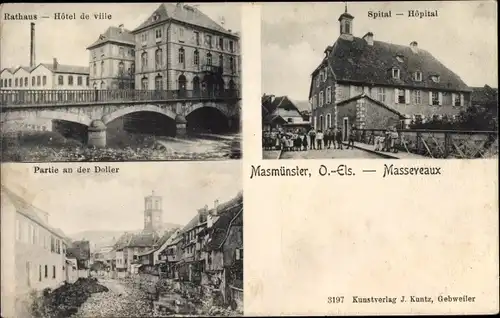 Ak Masevaux Masmünster Elsass Haut Rhin, Partie an der Doller, Rathaus, Spital