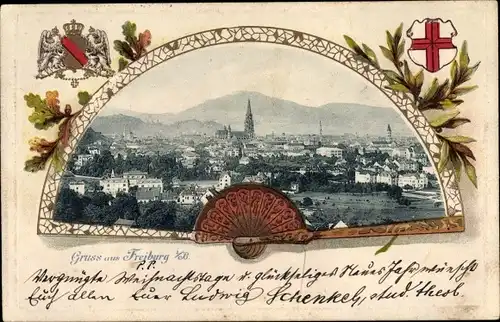 Präge Passepartout Ak Freiburg im Breisgau, Totalansicht der Ortschaft, Fächer, Wappen