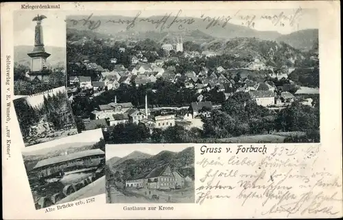 Ak Forbach im Schwarzwald, Kriegerdenkmal, gedeckte Brücke, Gasthaus zur Krone, Totalansicht