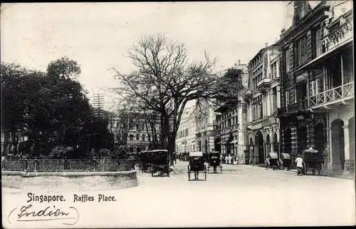 Ak Singapore Singapur, Raffles Place, Straßenpartie, Rikschas