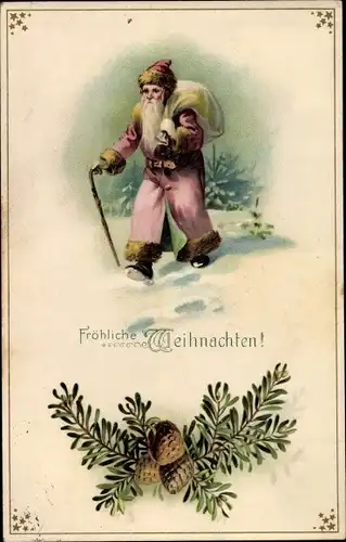 Litho Glückwunsch Weihnachten, Weihnachtsmann mit Geschenkesack