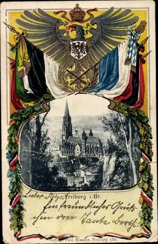 Präge Wappen Passepartout Ak Freiburg im Breisgau, Teilansicht mit Münster