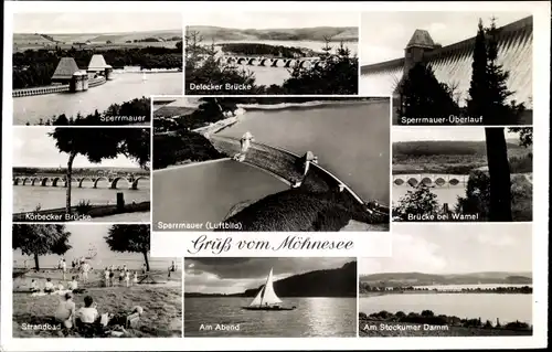 Ak Möhnesee im Kreis Soest Nordrhein Westfalen, Sperrmauer, Brücke, Strandbad, Damm, Segelboot
