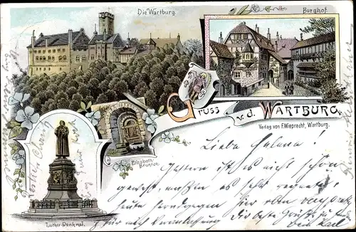 Litho Lutherstadt Eisenach in Thüringen, Wartburg, Lutherdenkmal, Burghof