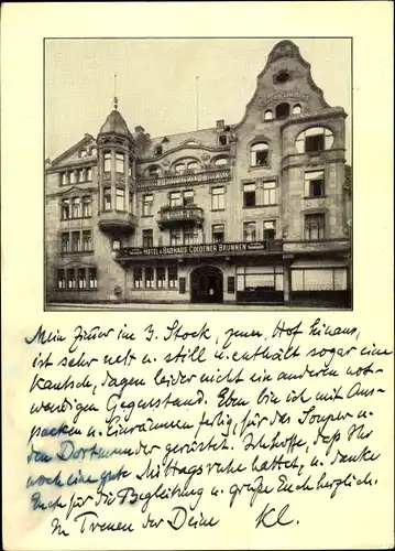 Ak Wiesbaden in Hessen, Hotel und Badhaus Goldener Brunnen, Fassade Goldgasse 10-12