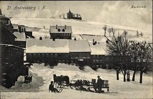 Ak Sankt Andreasberg Braunlage im Oberharz, Marktplatz im Winter