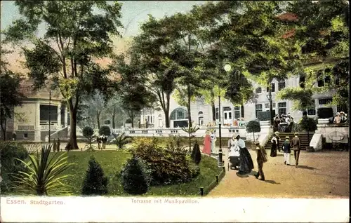 Ak Essen im Ruhrgebiet Nordrhein Westfalen, Partie im Stadtgarten, Terrasse mit Musikpavillon