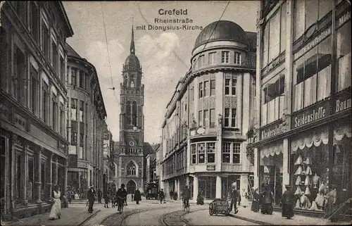 Ak Krefeld am Niederrhein, Rheinstraße mit Dionysiuskirche, Geschäfte