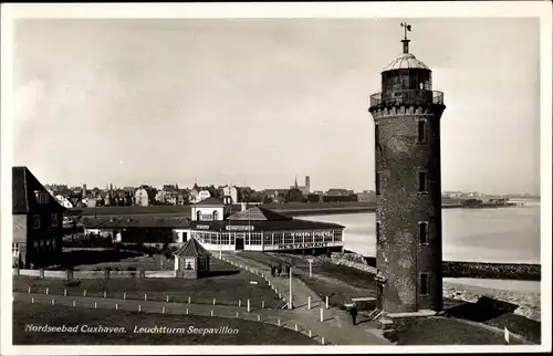 Ak Cuxhaven in Niedersachsen, Leuchtturm, Restaurant Seepavillon