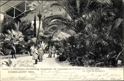 Ak Düsseldorf am Rhein, Kunst Gartenbau Ausstellung, Blumenhalle, Palmengruppe, G. Hacker, 1904