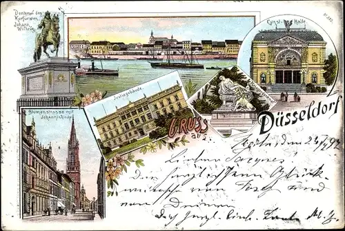 Ak Düsseldorf am Rhein, Justizgebäude, Blumenstraße, Johanniskirche, Kunsthalle, Panorama