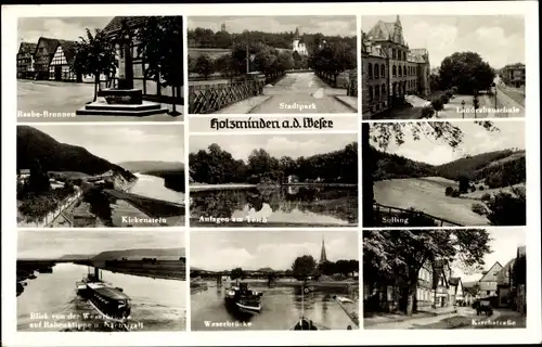 Ak Holzminden an der Weser Niedersachsen, Kirchstraße, Park, Brunnen, Weserbrücke, Stadtpark