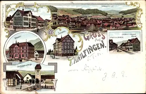 Litho Thailfingen Albstadt im Zollernalbkreis, Gasthaus, Totalansicht, Schulhaus, Rathaus, Pfarrhaus