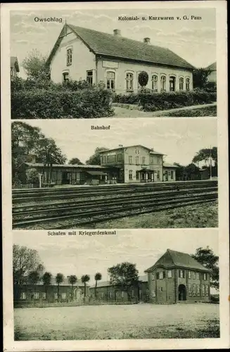 Ak Owschlag in Schleswig Holstein, Kolonialwarenhandlung Pans, Bahnhof, Gleisseite, Schule