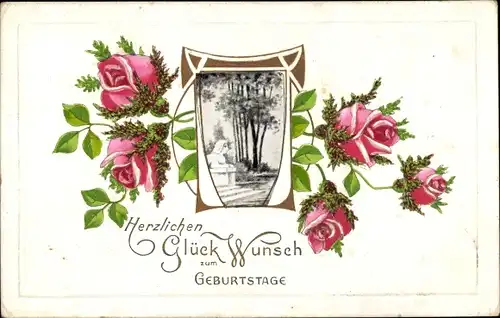 Präge Litho Glückwunsch Geburtstag, Rosenblüten, Sphinx Statue