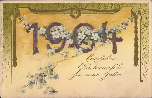 Litho Glückwunsch Neujahr, Jahreszahl 1904, Vergissmeinnichtblüten