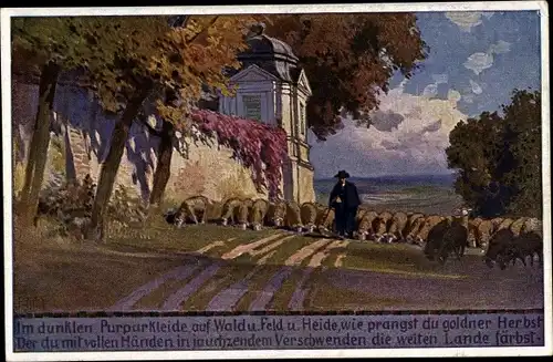 Künstler Ak Hey, Paul, Nr. 2, Herbst, Schäfer mit seiner Herde, Im dunklen Purpurkleide