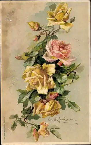 Präge Künstler Litho Klein, Catharina, Rosa und gelbe Rosen