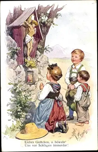 Künstler Ak Feiertag, Karl, Kinder beten am Wegkreuz, BKWI 811