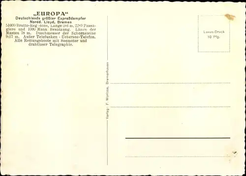 Ak Expressdampfer Europa, Norddeutscher Lloyd Bremen