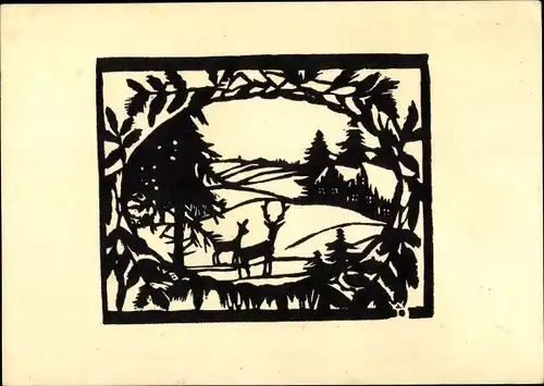 Scherenschnitt Ak Hirsche, Landschaftsmotiv