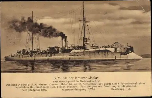 Künstler Ak Graf, Deutsches Kriegsschiff, SMS Hela, kleiner Kreuzer