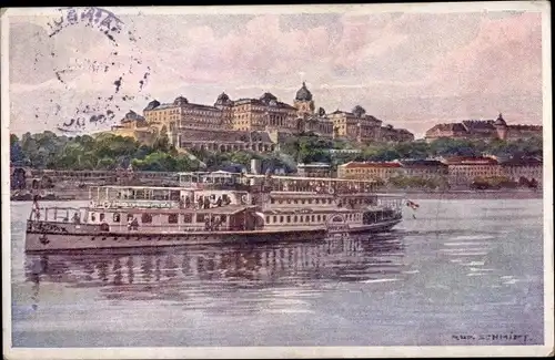 Künstler Ak Schmidt, Rud., Budapest Ungarn, Donaudampfer vor der Burg
