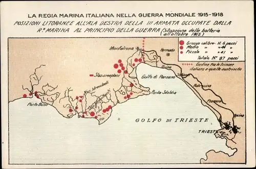 Landkarten Ak La Regia Marina Italiana, I WK, Stützpunkte der italienischen Marineartillerie