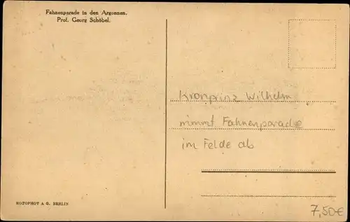 Künstler Ak Schöbel, Kronprinz Wilhelm von Preussen nimmt Fahnenparade in den Argonnen ab