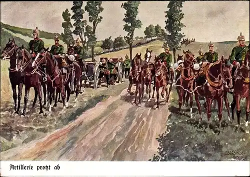 Künstler Ak Döbrich Steglitz, Artillerie protzt ab, deutsche Soldaten zu Pferd ziehen Geschütze