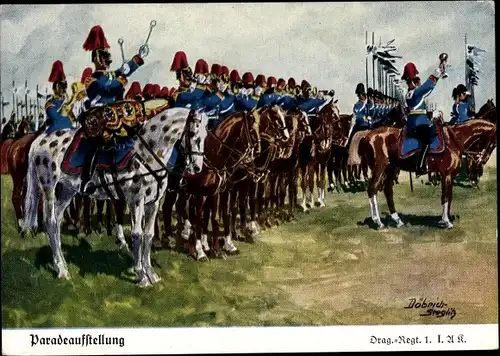 Künstler Ak Döbrich Steglitz, Paradeaufstellung, Dragoner Regiment 1 I. A.K.