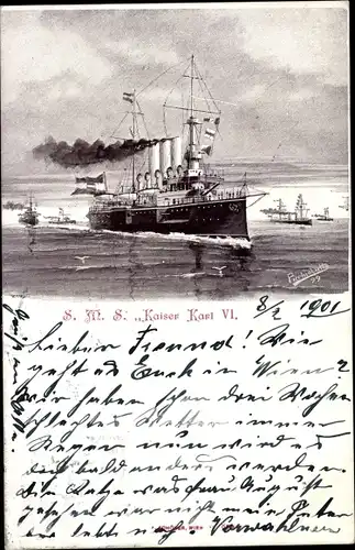 Künstler Ak Picchiolutto, Österreichisches Kriegsschiff, SMS Kaiser Karl VI, Kuk Marine