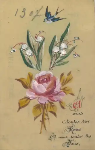 Zelluloid Ak Rose, Maiglöckchen, Schwalbe