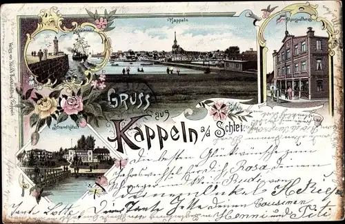 Litho Kappeln an der Schlei, Schauspielhaus, Strandhotel, Ortsansicht