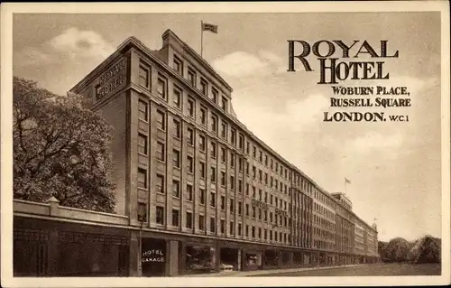 Ak London City England, Royal Hotel, Woburn Place, Russell Square, Außenansicht