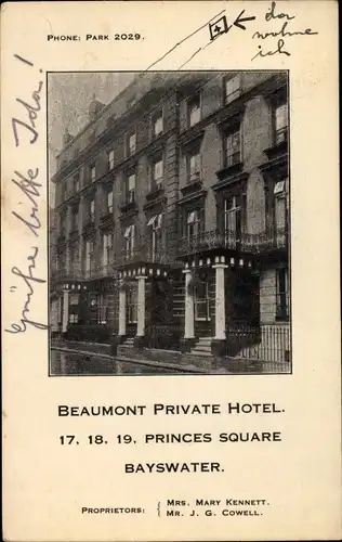 Ak London City England, Beaumont Private Hotel, 17, 18, 19, Princes Square, Außenansicht